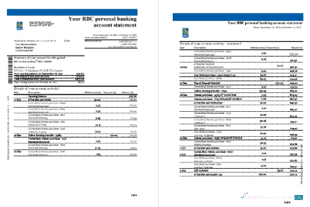 Download Canada Royal Bank of Canada (RBC) bank statement excel 4 pages Photoshop template